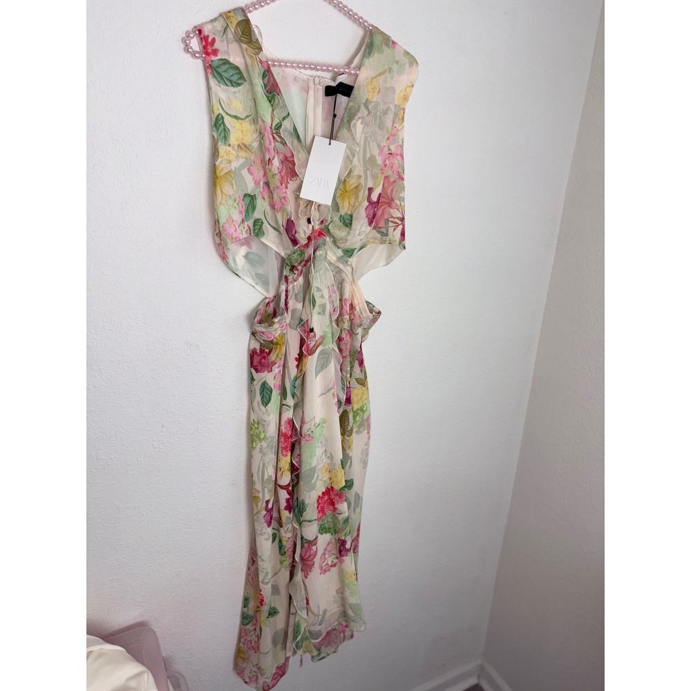 Zara Floral Cut-Out Midi Dress XL Cream Pink New Ruffle V-Neck Fairycore party - Picture 16 of 16